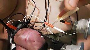 Dick head and ball skewer together with estim