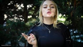 Hot Blonde Babe Smoking Two Black Cigarettes in Nature