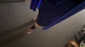 Black leather high heels with blue nightgown