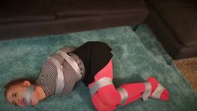red pantyhose bondage, tape bondage, tape gag