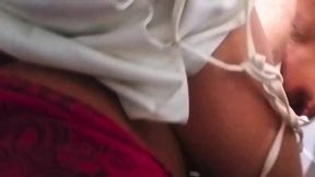 She sits nicely on her boyfriend while rubbing her vagina