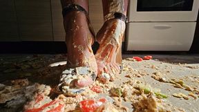 Messy Food Crush in the Kitchen Wearing Sandals