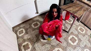 Dominant Red PVC MILF Inflatable Mattress Fetish. Giant Beach Balls, POV Sex, Double Cum and Popping
