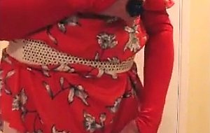 Redhead slut in red flower dress