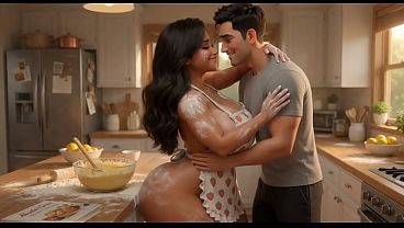 Curvy Latina bakes naked under tiny apron while her young stepson watches every move (AI generated)