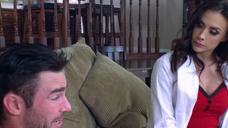 A sexy doctor that has large tits is taking care of her patient