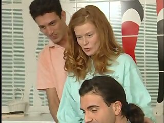 Blonde girl gets hairy pussy fucked hard as se sucks another dick to a cumshot