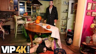 Hot mature woman plays a naughty Halloween game with a young man