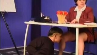 Mature teacher copulates with naughty student on desk