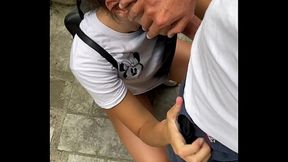 Skinny teen raven-haired flashes big boobs and gives deepthroat blowjob