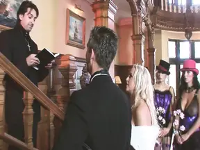 Bride and friends gang bang in wedding window