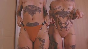 The guy prepares his dick fucking the tattooed and slim girlfriends