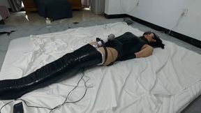 Shiny Latex Femboy Mummified in Black Tape - Stocking Gag, Armbinder Catsuit, Thrusting Plug, Electro Vibration Tease & Multi-Whip Punishment