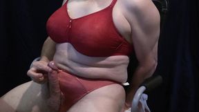 Crossdresser Cumshot in Red Bra