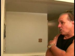 Redheaded granny with huge boobs sucks older dude's cock and then gets a facial