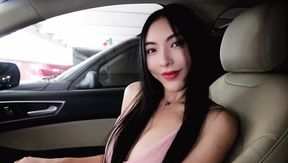 Flawless Chinese babe with DD Tits striptease in car