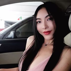 Flawless Chinese babe with DD Tits striptease in car