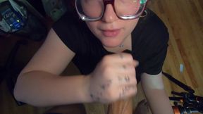 Chubby white girl with Glasses chokes on cock and swallows cum