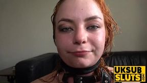 UKSubSluts com - Foxy redhead sub gets gagged with a massive hard cock and pounded by master