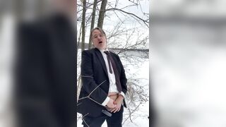 Killer parent in suit public jack off and jism by sea in winter