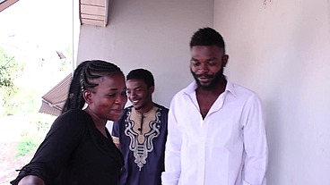 Torid fuck with 3 partners. two muscular hunk guys with big cock in frot of African slut