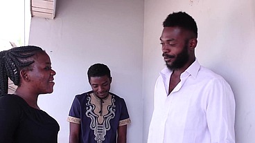 Torid fuck with 3 partners. two muscular hunk guys with big cock in frot of African slut