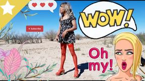 Cute slut in mini dress pantyhose and heels strips naked in very hot public