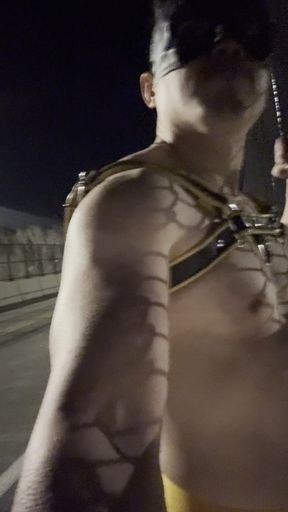Midnight Muscle Tease: Asian Hunk Flexes Ass & Biceps in Yellow Harness on Highway Bridge