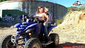 Busty curvy teenage girl with brown hair having anal sex on a quad bike