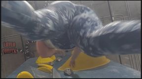 Giantess Layla climbs in blue snowflake leggings