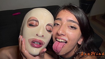 Party orgy BDSM with two couples. Cumshot on latex mask.