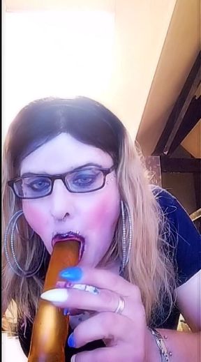 Sexy TS whore, Stefanie, playing with 2 dildos