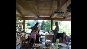 Hot neighbors do not like wearing panties show legs on high heels in barbeque party with pussy oops