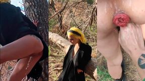 Orgasmic piss party in lush woodlands with prolapse pleasuring