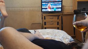 Bottom Sissy Slave Slut Serves Her Owner as Beeer Stand, Sucks and Kisses Dick and Liks Ass While Owner Watch Football