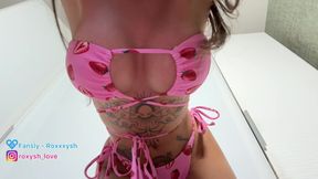 Brunette beauty in a swimsuit shows off her hot tattoos and big tits