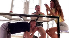 Sucked his friend'_s dick under the table until his wife sees