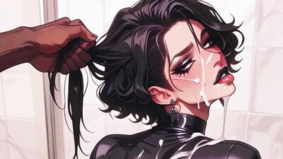 Leather-clad femboy gets her ass drilled in a wild gangbang by two guys in HD anime porn