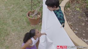 Busty ebony MILF Olivia Jayys teases neighbor with big dick