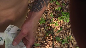 Tatted-up chap pulls down his jeans and pokes outdoors