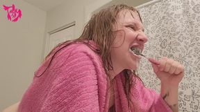 Brushing Teeth and Scrubbing Tongue with Long Wet Hair and Towel over Shoulders