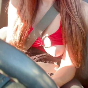 Sexy Car Ride with Big Tits Artemisia Love Driving around Los Angeles big juicy boobs and nipples