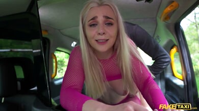 British agent in pink fishnet takes deep throat in fake taxi