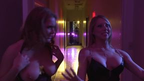 Two horny babes with big tits get their pussies slammed