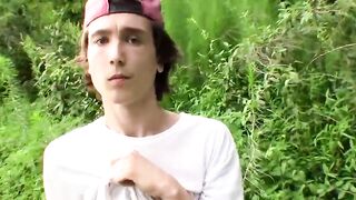 Twink Sean gets horny and wanks long cock outdoors