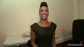 Ebony submissive squats on a dildo during training session