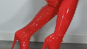 Footjob Red Boots and Barefoot, her and his POV (Cums on the Boots)