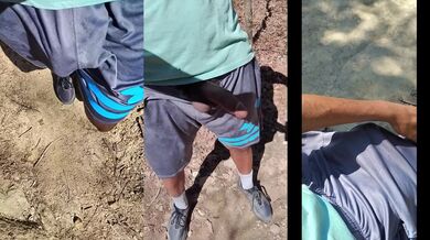 Hiking with cum covered gym shorts while pissing and cumming big thick cock