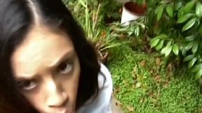 Brunette Babe Sucks Big Cock Outdoors to Explosive Orgasm