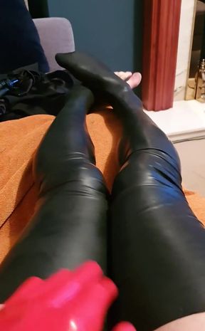 Fooling around, red latex opera gloves and black latex stockings